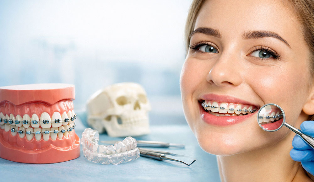 دختری با لبخند زیبا که با ارتودنسی، دندان هایی زیبا و ردیف دارد و آینه دندانپزشکی نمای نزدیک دندان ها را نشان می دهد.