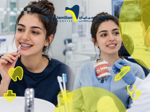 دختری زیبا با براکت های ارتودنسی ثابت که به نکات مراقبت از قبل و بعد ارتودنسی اشاره می کند