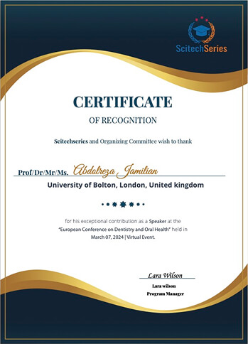Certificate of recognition Bolton university Dr. Jamilian