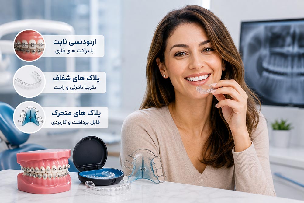 خانم ۳۰ ساله که برای انتخاب درمان ارتودنسی از پلاک شفاف یا اینویزیلاین ارتودنسی استفاده می کند در حالی که انتخاب های دیگر ارتودنسی ثابت و متحرک نیز برای او مهیا است.
